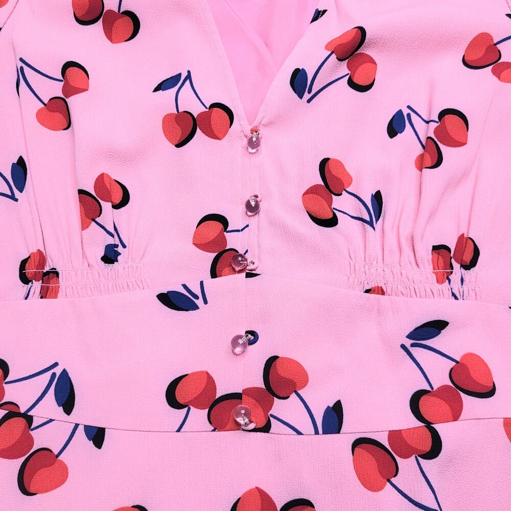 Kate Spade Cherry Toss Puff Sleeve Mini Dress Pink Red V Neck Buttons Small 6 - Picture 7 of 11